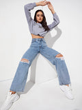 Women’s Ripped Jeans High Waisted Distressed Baggy Straight Wide Leg Pants