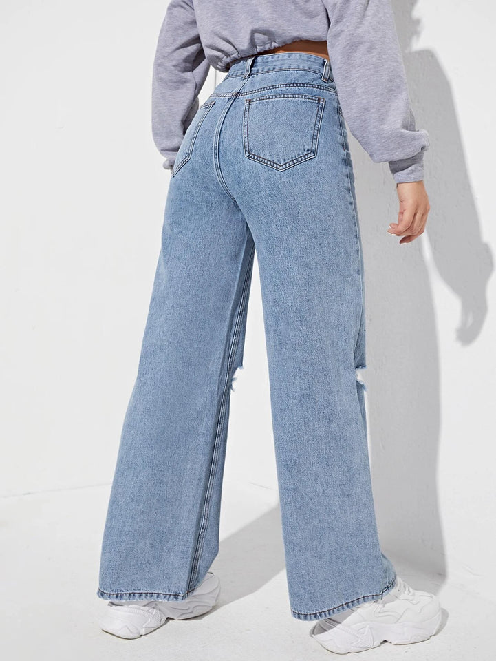 Women’s Ripped Jeans High Waisted Distressed Baggy Straight Wide Leg Pants