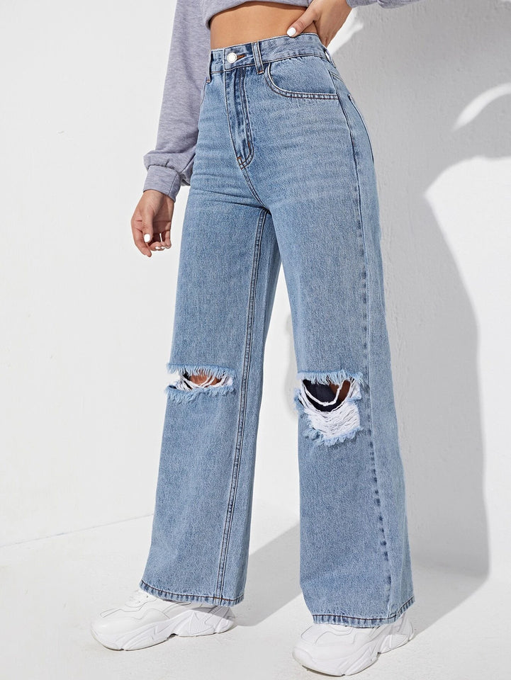 Women’s Ripped Jeans High Waisted Distressed Baggy Straight Wide Leg Pants