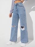 Women’s Ripped Jeans High Waisted Distressed Baggy Straight Wide Leg Pants