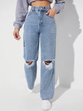 Women’s Ripped Jeans High Waisted Distressed Baggy Straight Wide Leg Pants