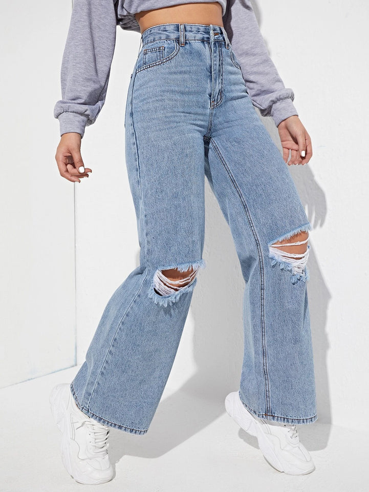 Women’s Ripped Jeans High Waisted Distressed Baggy Straight Wide Leg Pants