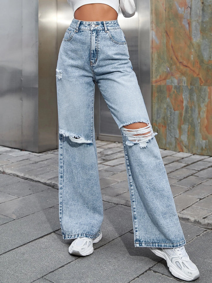 Women’s Ripped Jeans High Waisted Distressed Baggy Straight Wide Leg Pants