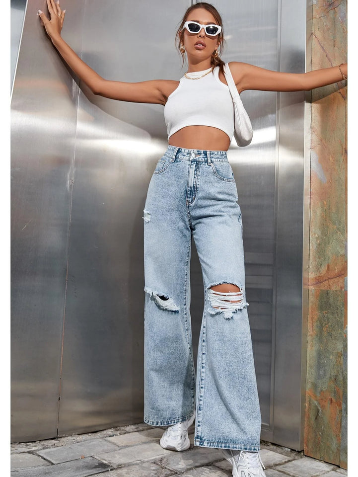 Women’s Ripped Jeans High Waisted Distressed Baggy Straight Wide Leg Pants