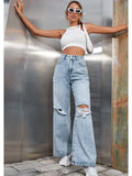 Women’s Ripped Jeans High Waisted Distressed Baggy Straight Wide Leg Pants
