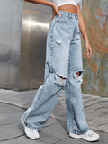 Women’s Ripped Jeans High Waisted Distressed Baggy Straight Wide Leg Pants