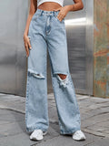 Women’s Ripped Jeans High Waisted Distressed Baggy Straight Wide Leg Pants