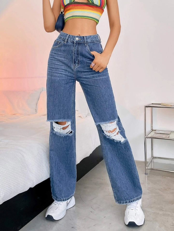 Women’s Ripped Jeans High Waisted Distressed Baggy Straight Wide Leg Pants