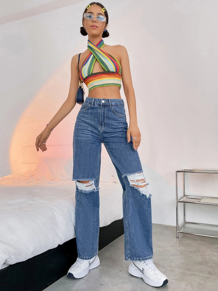 Women’s Ripped Jeans High Waisted Distressed Baggy Straight Wide Leg Pants
