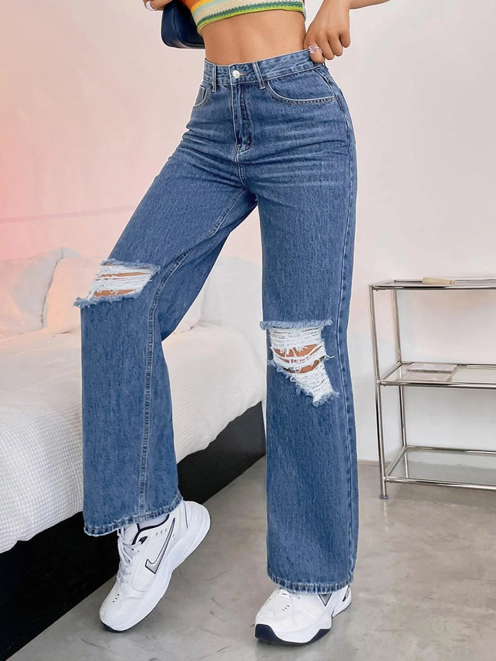 Women’s Ripped Jeans High Waisted Distressed Baggy Straight Wide Leg Pants