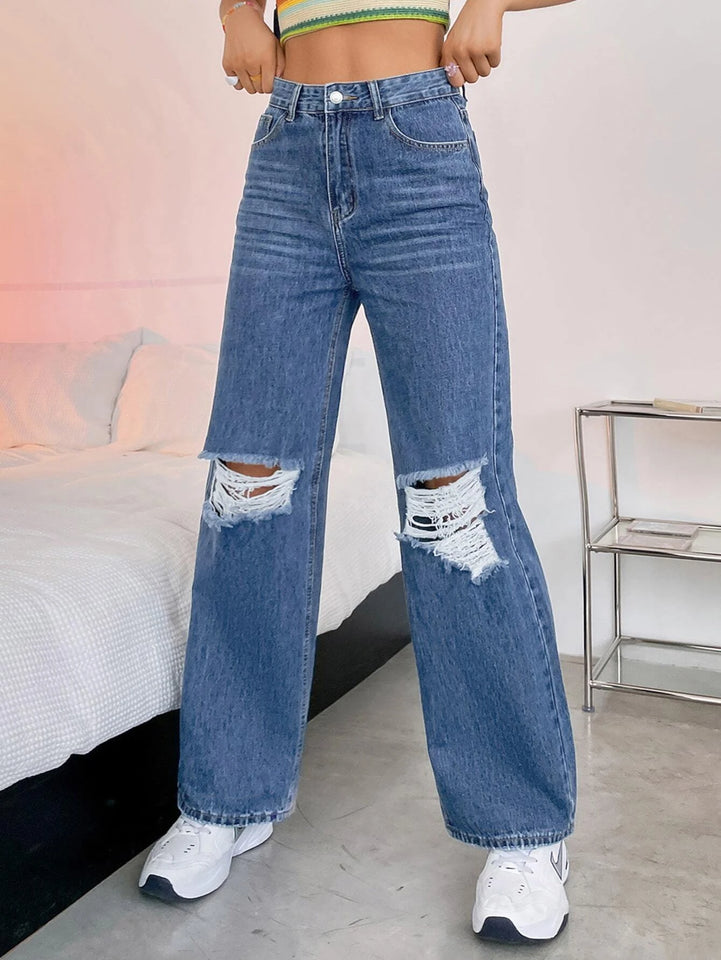 Women’s Ripped Jeans High Waisted Distressed Baggy Straight Wide Leg Pants
