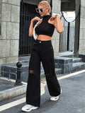 Women’s Ripped Jeans High Waisted Distressed Baggy Straight Wide Leg Pants