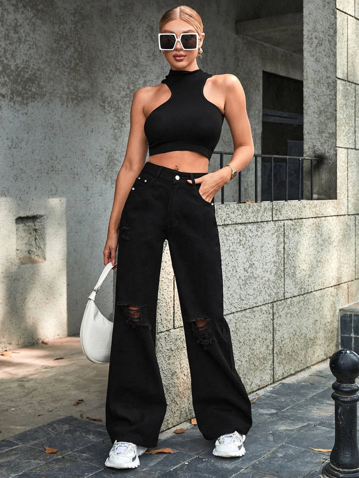Women’s Ripped Jeans High Waisted Distressed Baggy Straight Wide Leg Pants
