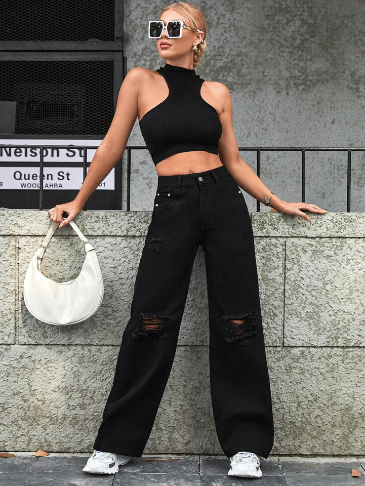 Women’s Ripped Jeans High Waisted Distressed Baggy Straight Wide Leg Pants