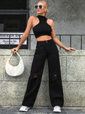Women’s Ripped Jeans High Waisted Distressed Baggy Straight Wide Leg Pants