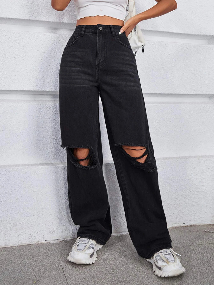 Women’s Ripped Jeans High Waisted Distressed Baggy Straight Wide Leg Pants