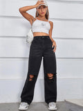 Women’s Ripped Jeans High Waisted Distressed Baggy Straight Wide Leg Pants