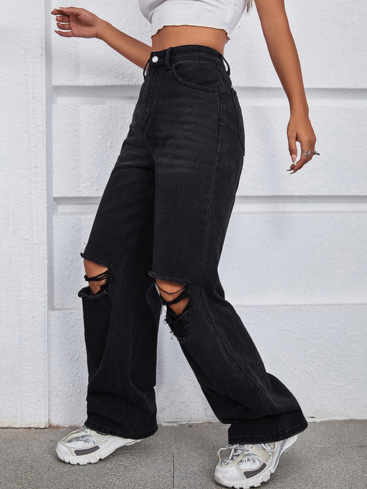 Women’s Ripped Jeans High Waisted Distressed Baggy Straight Wide Leg Pants