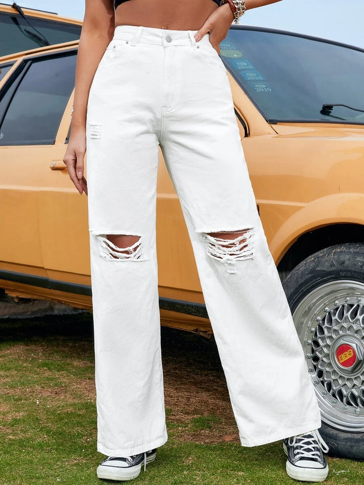 Women’s Ripped Jeans High Waisted Distressed Baggy Straight Wide Leg Pants