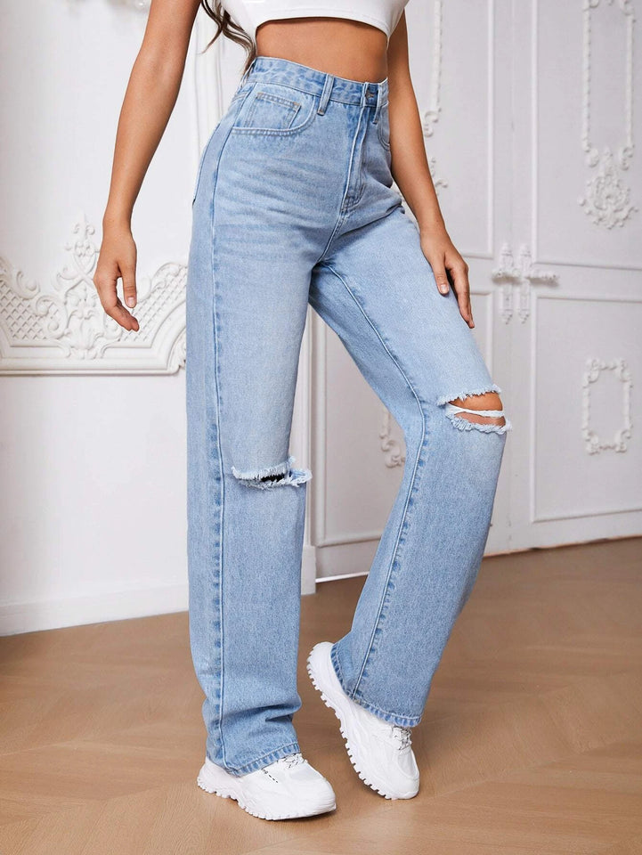 Women’s Ripped Jeans High Waisted Distressed Baggy Straight Wide Leg Pants