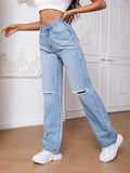 Women’s Ripped Jeans High Waisted Distressed Baggy Straight Wide Leg Pants