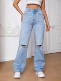 Women’s Ripped Jeans High Waisted Distressed Baggy Straight Wide Leg Pants