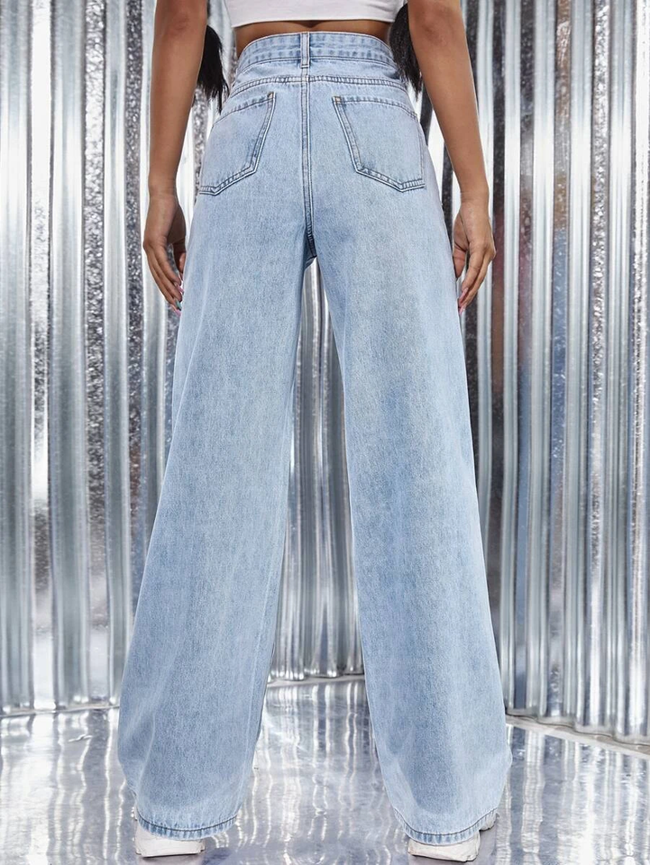 Women’s High Waist Wide Leg Jeans | Sky Denim Baggy Loose Fit Full Length Jeans for Women & Girls | Casual Everyday Wear