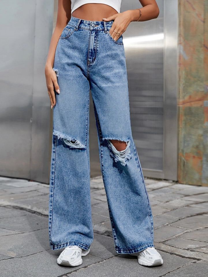 Women’s Ripped Jeans High Waisted Distressed Baggy Straight Wide Leg Pants