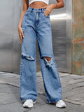 Women’s Ripped Jeans High Waisted Distressed Baggy Straight Wide Leg Pants