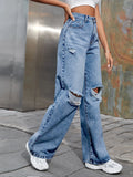 Women’s Ripped Jeans High Waisted Distressed Baggy Straight Wide Leg Pants