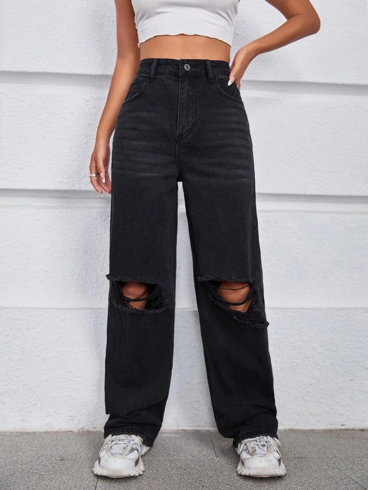 Women’s Ripped Jeans High Waisted Distressed Baggy Straight Wide Leg Pants