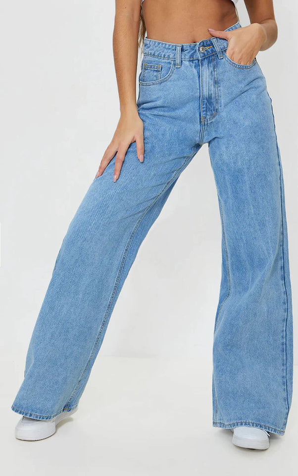 Women’s High Waist Wide Leg Jeans | Sky Denim Baggy Loose Fit Full Length Jeans for Women &amp; Girls | Casual Everyday Wear